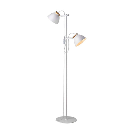 Aarhus 2 Light Floor Lamp in white with wood accents, slim stem on a round base, two white cone shades with cream interiors at different heights on adjustable arms, plain white background.