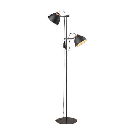 Aarhus 2 Light Floor Lamp in black with wood accents, featuring a slim stem on a round base and two adjustable cone shades with cream interiors, shown on a plain white background.