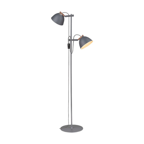 Aarhus 2 Light Floor Lamp in grey with wood accents, slim stem on a round base, two cone shades on adjustable arms with copper knuckle pins, set against a plain white background.