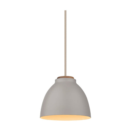 Nivå Level Pendant Light 14cm in grey and wood, a dome-shaped shade with a wood cap and cream braided flex, shown on a plain white background.