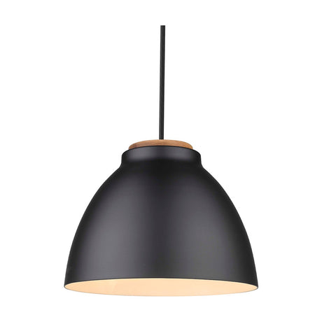 Nivå Level Pendant Light 24cm in black and wood, dome-shaped metal shade with cream interior, wood ceiling cap and black braided flex, shown on a plain white background.