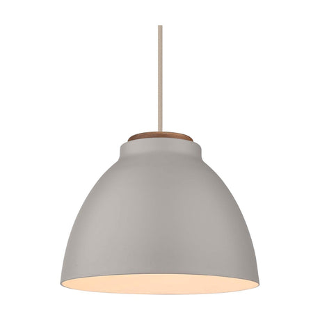 Nivå Level Pendant Light 24cm in grey metal with a wood cap and cream fabric flex, dome shade with a warm cream interior, shown on a plain white background.