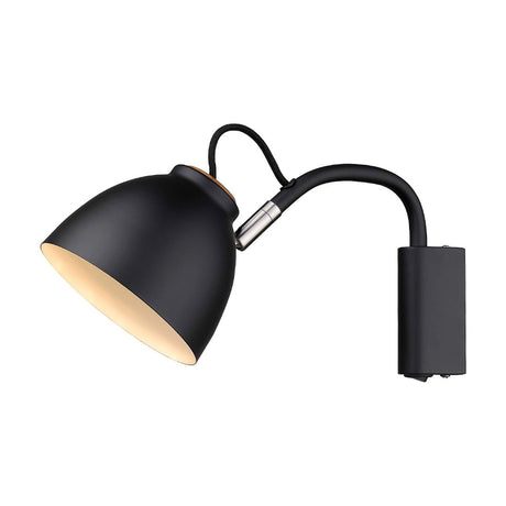Nivå Level Wall Light 14cm in matt black with wood detail, flared bell shade on a flexible arm and rectangular wall plate, cream interior, shown on a plain white background.