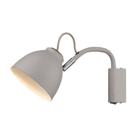 Nivå Level Wall Light 14cm in grey and wood, featuring a bell-shaped shade with white interior, chrome collar, flexible arm and cylindrical wall plate, shown on a plain white background.