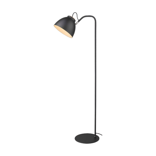 Nivå Level Floor Lamp in black with a slim curved stem, round flat base, and adjustable dome shade with cream interior, shown on a plain white background.