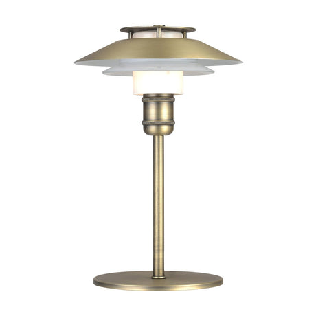1123 Table Lamp in antique brass with tiered flared shade, white plate accent, opal glass drum, and knurled stem detail on a round base, plain white background.