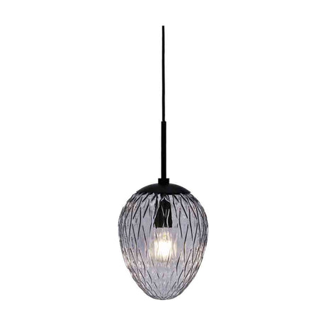 Woods Pendant Light 20cm in smoke grey, a diamond-textured smoked glass egg-shaped shade on a black cord and fitting, lit from within, shown on a plain white background.