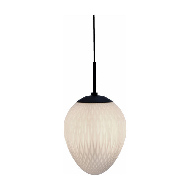 Woods Pendant Light 25cm in opal glass, egg-shaped shade with fine diamond-cut texture, black cap and cord, on a plain white background.
