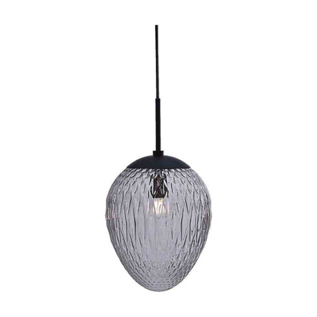 Woods Pendant Light 25cm in smoke grey, an egg-shaped textured glass shade with diamond-cut pattern on a black ceiling mount and cord, shown on a plain white background.