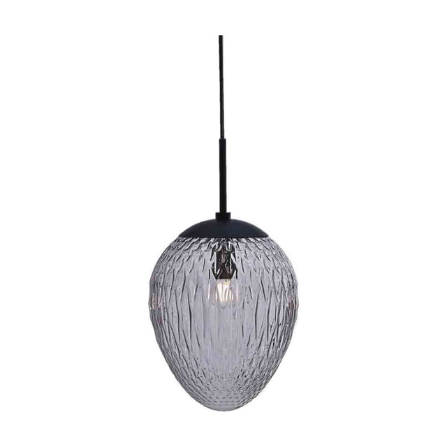 Woods Pendant Light 25cm in smoke grey, an egg-shaped textured glass shade with diamond-cut pattern on a black ceiling mount and cord, shown on a plain white background.