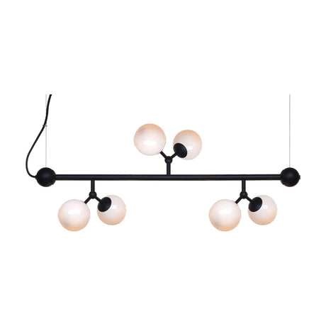 Atom Mini Horizontal Glass 6 Light Chandelier in black and opal, a horizontal bar suspended on thin wires with paired opal glass spheres branching off in clusters, shown on a plain white background.