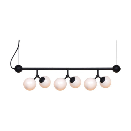 Atom Mini Horizontal Glass 6 Light Chandelier in black, a horizontal bar suspended on two wires with six opal glass spheres branching in pairs, on a plain white background.