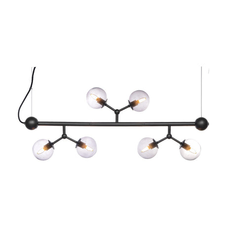 Atom Mini Horizontal Glass 6 Light Chandelier in black, a horizontal bar suspended on wires with six clear smoked-glass spheres branching in pairs, shown on a white background.