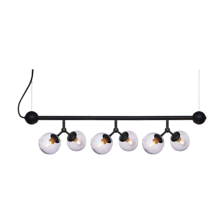 Atom Mini Horizontal Glass 6 Light Chandelier in black, a horizontal bar with six clear glass spheres on angled black stubs, shown on a plain white background.