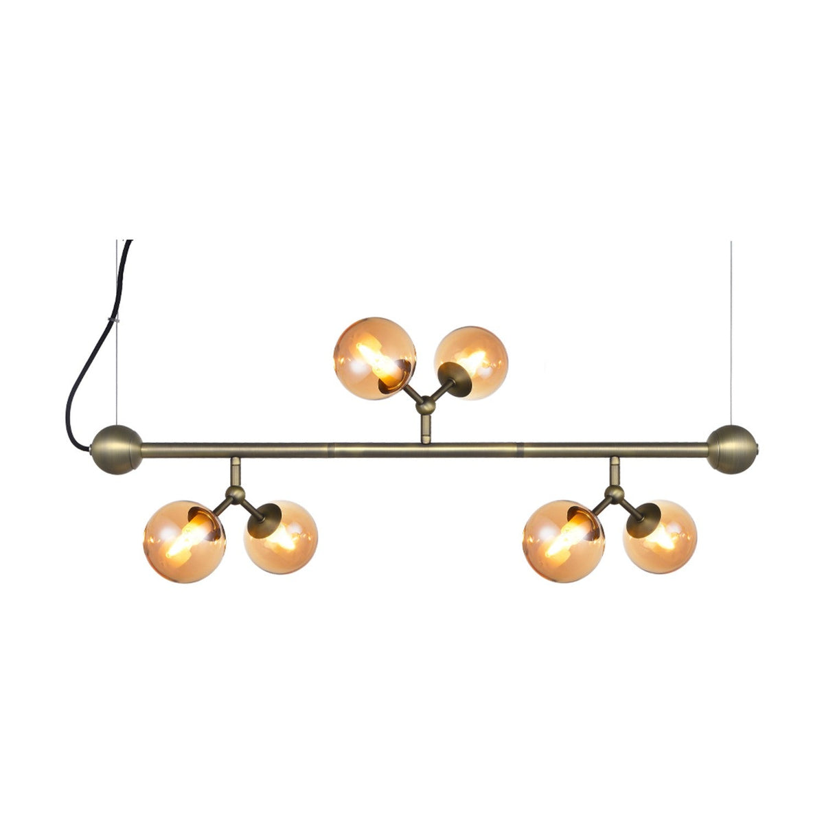 Atom Mini Horizontal 6 Light Chandelier in antique brass, a horizontal bar suspended on wires with six amber glass globes branching in pairs, shown on a white background.