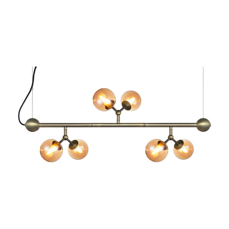 Atom Mini Horizontal 6 Light Chandelier in antique brass, a horizontal bar suspended on wires with six amber glass globes branching in pairs, shown on a white background.