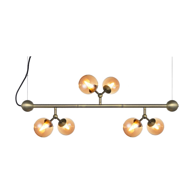 Atom Mini Horizontal 6 Light Chandelier in antique brass, a horizontal bar suspended on wires with six amber glass globes branching in pairs, shown on a white background.