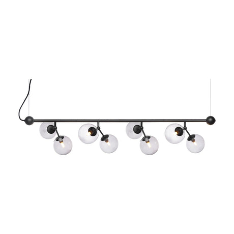 Atom Maxi Horizontal Glass 8 Light Chandelier in black, a horizontal bar suspended on two wires with eight clear glass globes branching in pairs, shown on a plain white background.