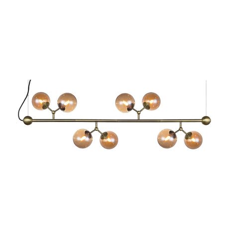 Atom Maxi Horizontal 8 Light Chandelier in antique brass, a long horizontal bar with paired amber glass spheres branching at four points, on a plain white background.
