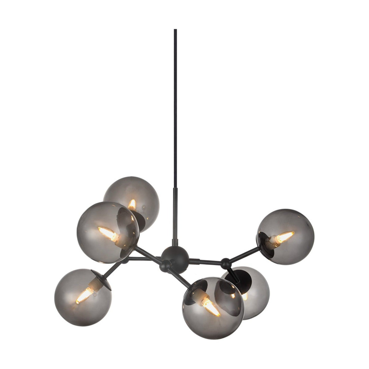 Atom Large 6 Light Chandelier in black, featuring six smoked glass spheres on angled black stubs branching from a central hub, shown against a plain white background.