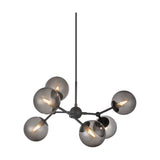 Atom Large 6 Light Chandelier in black, featuring six smoked glass spheres on angled black stubs branching from a central hub, shown against a plain white background.