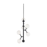 Atom Vertical Glass 6 Light Chandelier in black, with opal glass spheres branching at angles up a slender black rod, shown on a plain white background.
