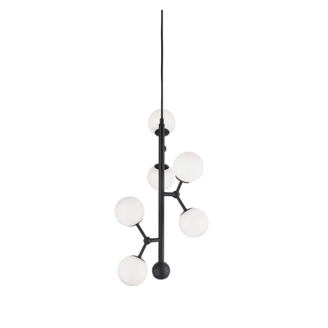 Atom Vertical Glass 6 Light Chandelier in black, featuring six opal glass globes on angled stubs branching up a slim black rod, shown on a plain white background.