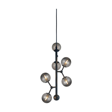 Atom Vertical Glass 6 Light Chandelier in black and smoke, six smoked glass globes on angled black stubs branching up a vertical rod, shown on a plain white background.