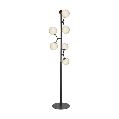 Atom Glass 6 Light Floor Lamp in black, with six opal glass spheres branching at angles up a slim rod on a round disc base, shown on a plain white background.