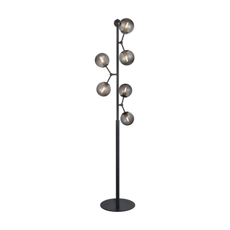Atom Glass 6 Light Floor Lamp in black, with a tall rod and round base, six smoked glass spheres branching at varying heights, shown on a plain white background.