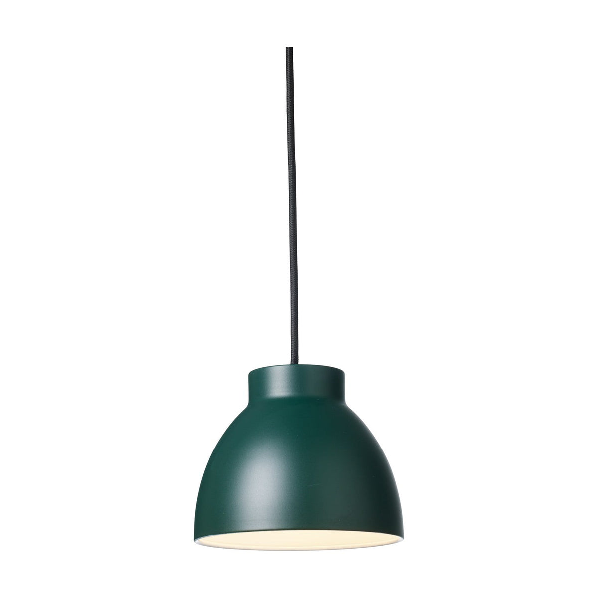 Object Pendant Light 16cm in green, a dome-shaped metal shade with white interior on a black cord, shown against a plain white background.