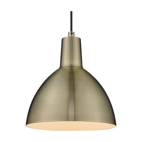 Metropole 15cm pendant light in antique brass with a domed metal shade, white interior lining, and black cord, shown on a plain white background.