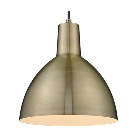 Metropole 20cm pendant light in antique brass, dome-shaped metal shade with white inner lining and black fabric cable, shown on a plain white background.