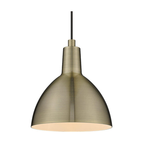 Metropole Pendant Light in antique brass with a tall domed metal shade, white interior lining, and black cable, shown on a plain white background.