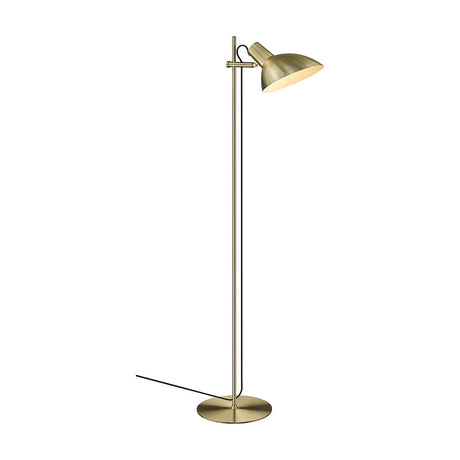 Metropole Floor Lamp in antique brass with a slim post, round base, and an adjustable wide dome shade tilted downward, shown on a plain white background.