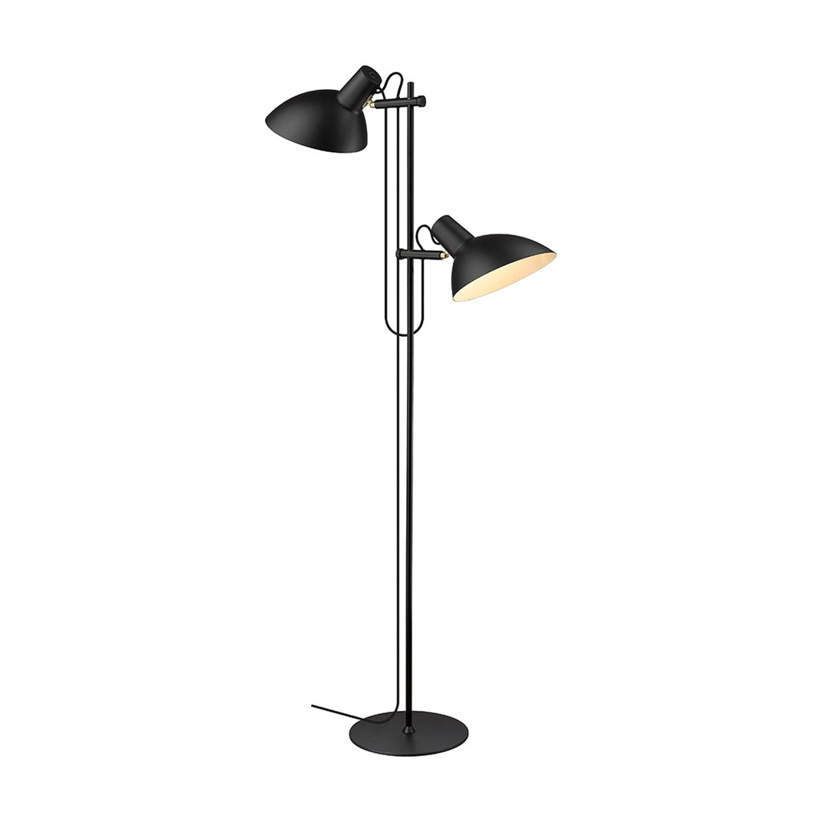 Metropole 2 Light Floor Lamp in black, featuring a slim post on a round disc base with two adjustable dome shades at different heights, shown on a plain white background.