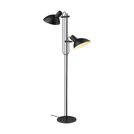 Metropole 2 Light Floor Lamp in black, featuring a slim post on a round disc base with two adjustable dome shades at different heights, shown on a plain white background.