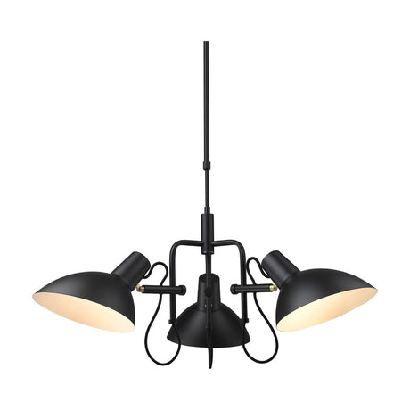 Metropole 3 Light Flush Ceiling Light in matt black, featuring a central cone and two angled dome shades with pale interiors on a black stem, set against a plain white background.