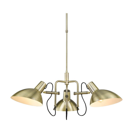 Metropole 3-light ceiling pendant in antique brass, with a central cone and two angled dome shades on short arms, black flexes visible, shown on a plain white background.