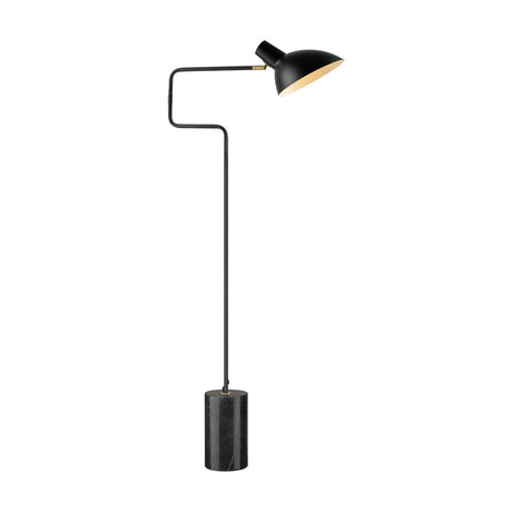 Metropole Deluxe Swing Floor Lamp in anthracite finish with stepped right-angled rod, wide shallow dome shade with pale interior, brass knuckle collar, and black marble cylinder base.