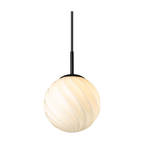 Twist Ball Pendant Light 15cm in opal glass with spiralling ribbed texture, black collar and rigid stem, on a plain white background.