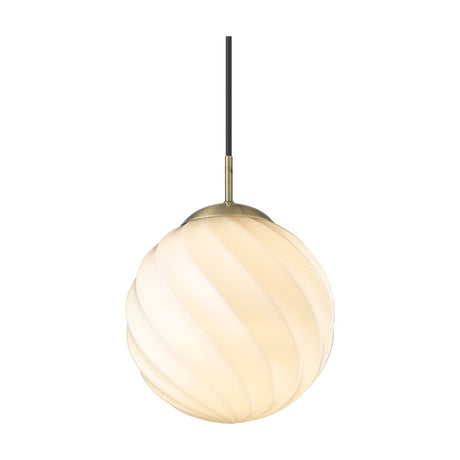 Twist Ball Pendant Light 25cm in antique brass, single opal glass globe with spiralling twisted flutes, slim brass stem and black cable, on a plain white background.