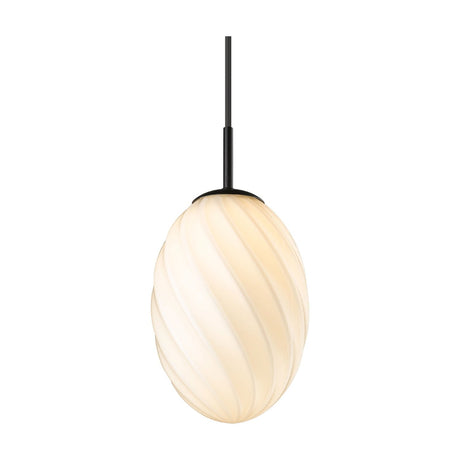 Twist Pendant Light 15cm in opal glass with a spiral-ribbed egg-shaped shade, black cap and cord, on a plain white background.