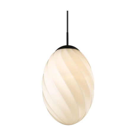 Twist Oval Top Pendant Light 25cm in opal glass with a spiralling twisted flute pattern, black cap and flex, shown on a plain white background.