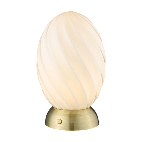 Twist Oval Table Lamp in opal glass with a spiral-ribbed egg-shaped shade on an antique brass half-dome base, shown on a plain white background.