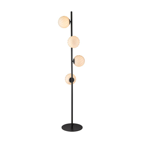 Twist Floor Lamp in opal and black, with a slim vertical stem on a round base and four spiral-fluted opal glass globes set alternately along its length, shown on a plain white background.