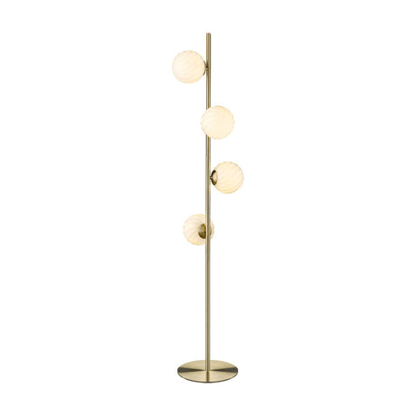 Twist Floor Lamp in opal and brass, with a slim vertical brass stem on a round disc base holding four fluted opal glass globes alternating left and right, shown on a plain white background.