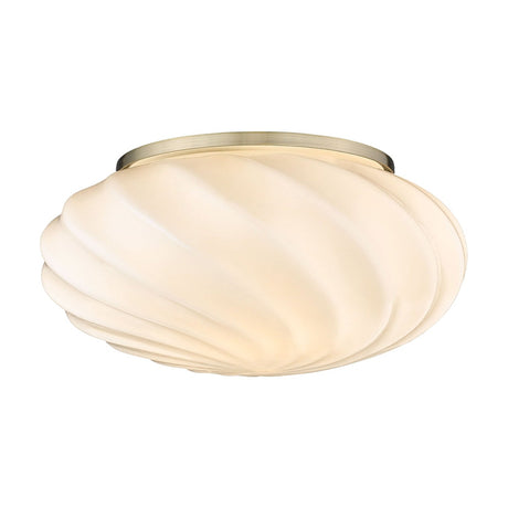 Twist Flush Ceiling Light with a wide, shallow opal glass dome featuring twisted spiral ribs, capped by a brushed antique brass rim, shown on a plain white background.