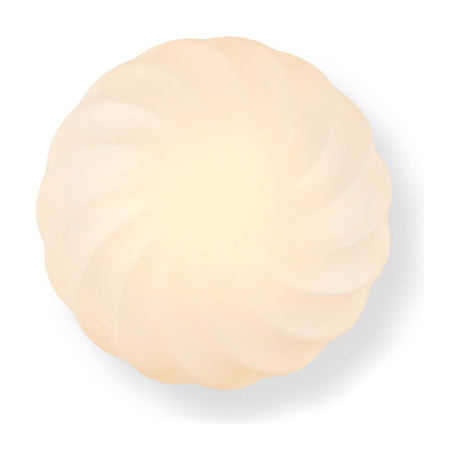 Twist Wall Flush Ceiling Light 35cm in opal glass with a swirling twisted flute pattern, illuminated with a soft warm glow, set against a plain white background.
