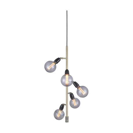 Compass Vertical 5 Light Chandelier in antique brass, a slim vertical rod with five black arms holding clear globe bulbs at spiralling heights, shown on a white background.